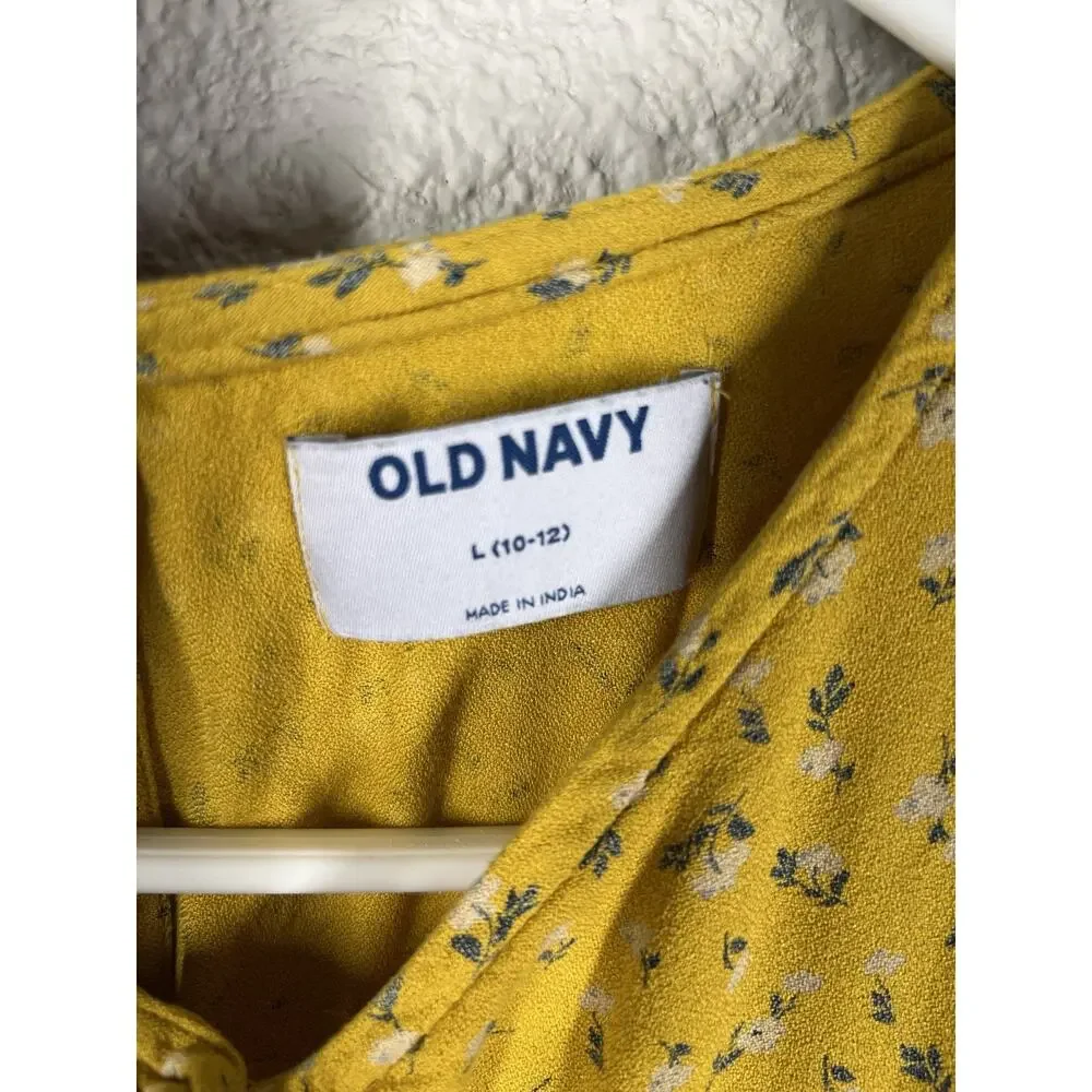 Old Navy Girl's Yellow Floral Fit & Flare Crepe Dress Short Sleeve Sz 10/12 Boho